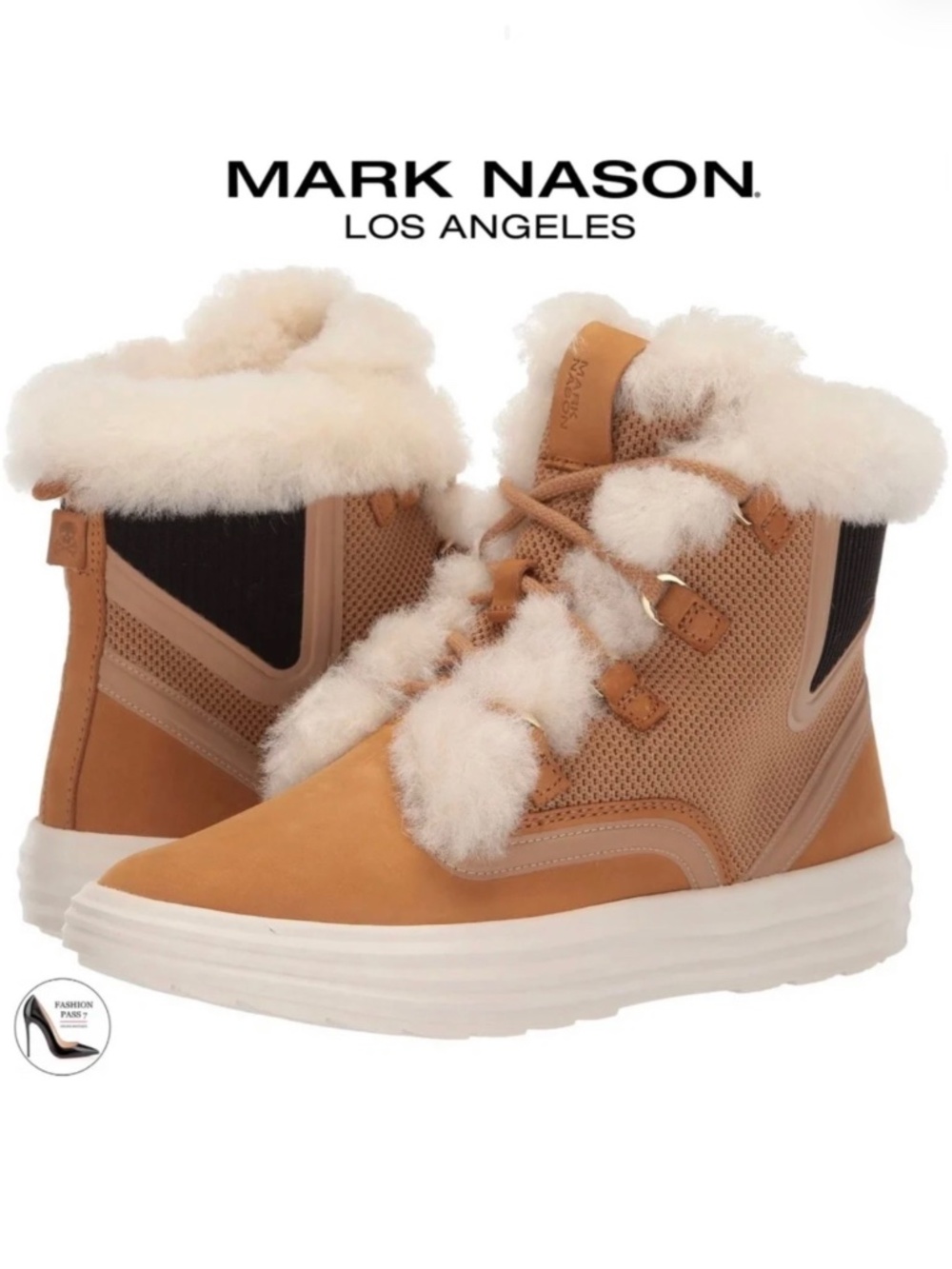 Mark Nason Los Angeles Shogun Genuine Sheep Shearling Fur Tan Suede Boots 6.5
